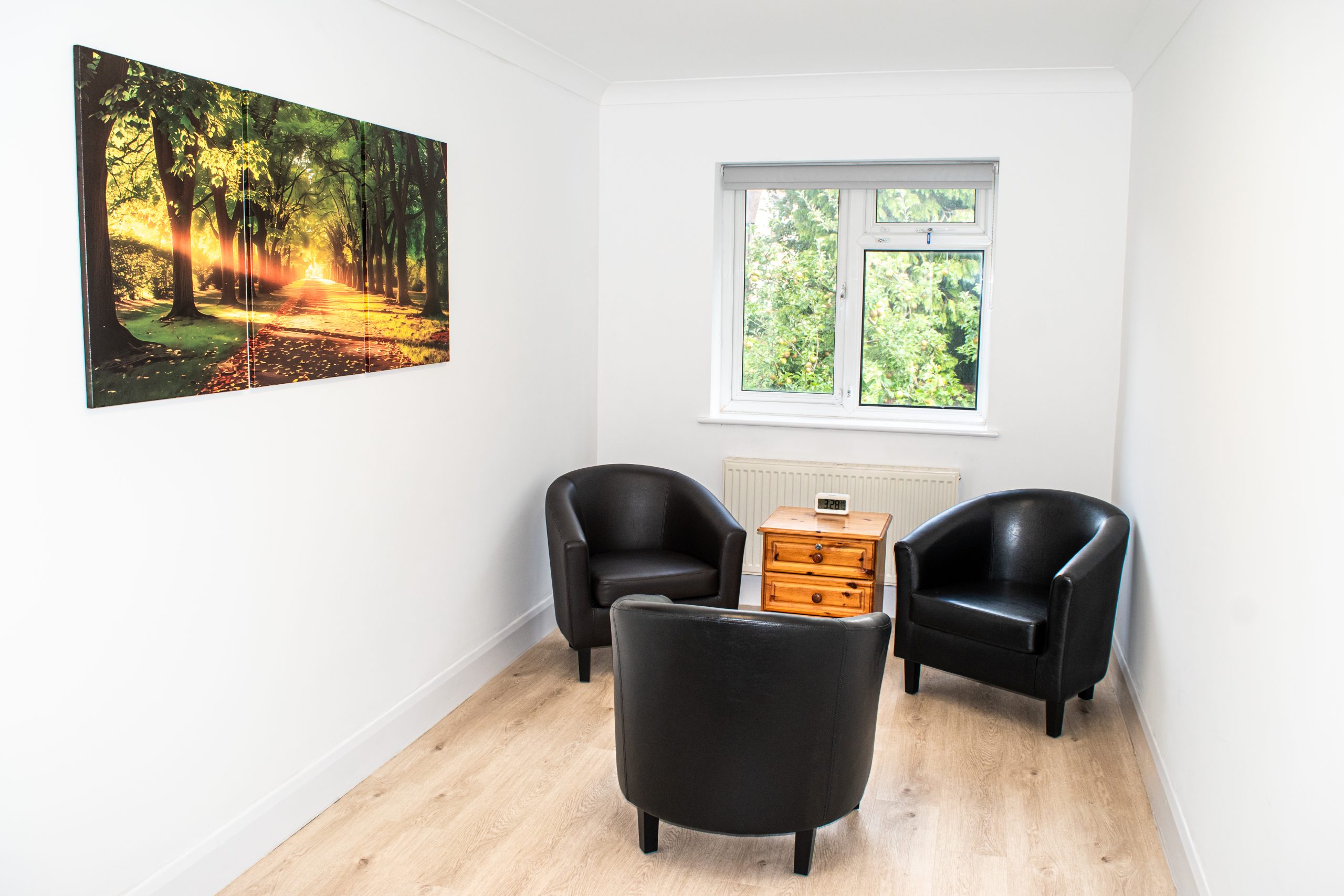 Bright, private consultation room at Kiam Clinic featuring three black armchairs, a small wooden side table, a large window with a view of greenery, and a calming forest artwork on the wall.